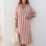 Sylvie | Vestido chemise midi riscas com mangas longas