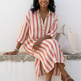 Sylvie | Vestido chemise midi riscas com mangas longas