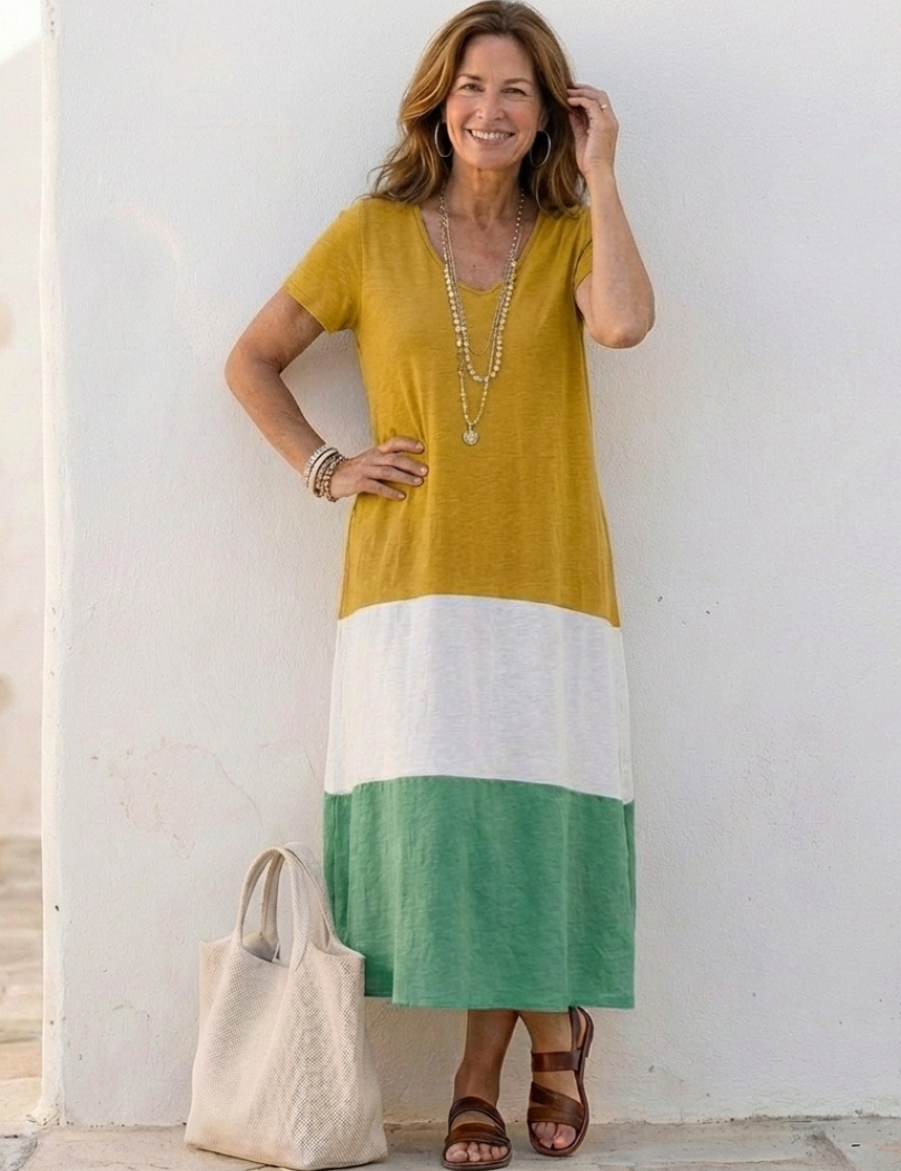 Valentine | Vestido midi com decote em V e mangas curtas bicolor