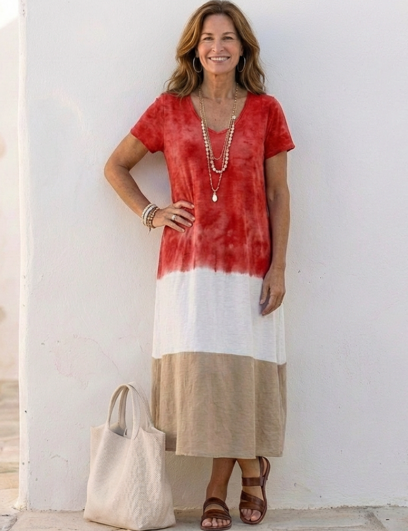 Valentine | Vestido midi com decote em V e mangas curtas bicolor