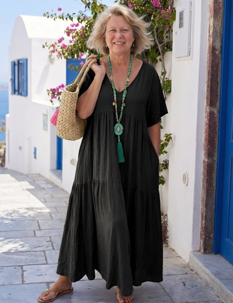 Yvonne | Robe Maxi Azul com Mangas Curtas e Volantes