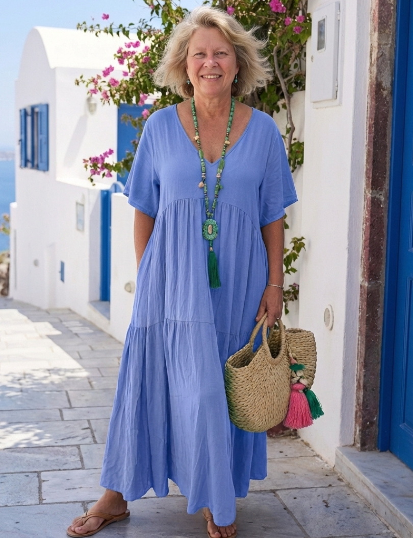 Yvonne | Robe Maxi Azul com Mangas Curtas e Volantes