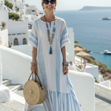 Apolline | Vestido maxi riscado com decote redondo e mangas curtas