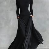 Noémie | Vestido Longo Preto com Decote Bateau & Drapeado Elegante