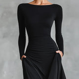 Noémie | Vestido Longo Preto com Decote Bateau & Drapeado Elegante