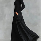 Noémie | Vestido Longo Preto com Decote Bateau & Drapeado Elegante