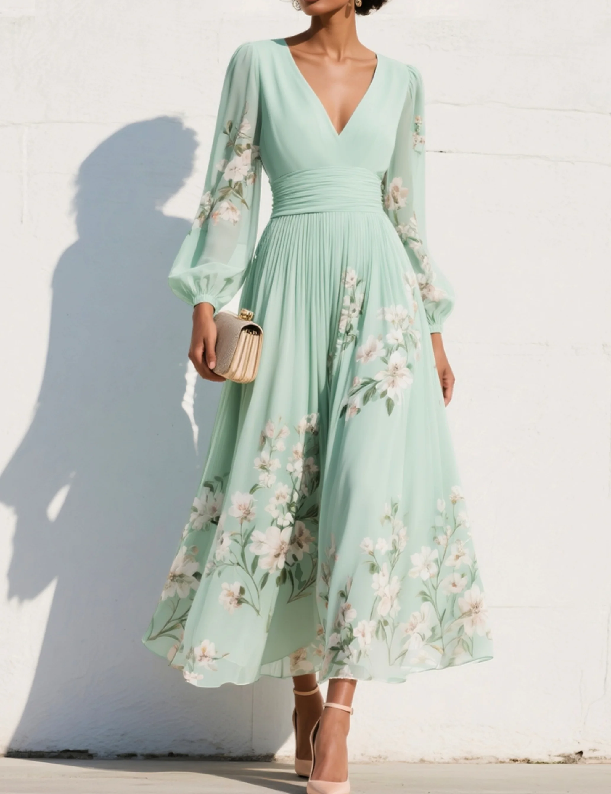 Cisella | Vestido midi em verde claro com padrão floral