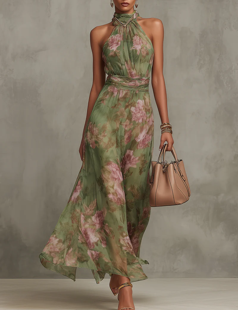 Livia | Vestido Maxi Halter Elegante com Flores
