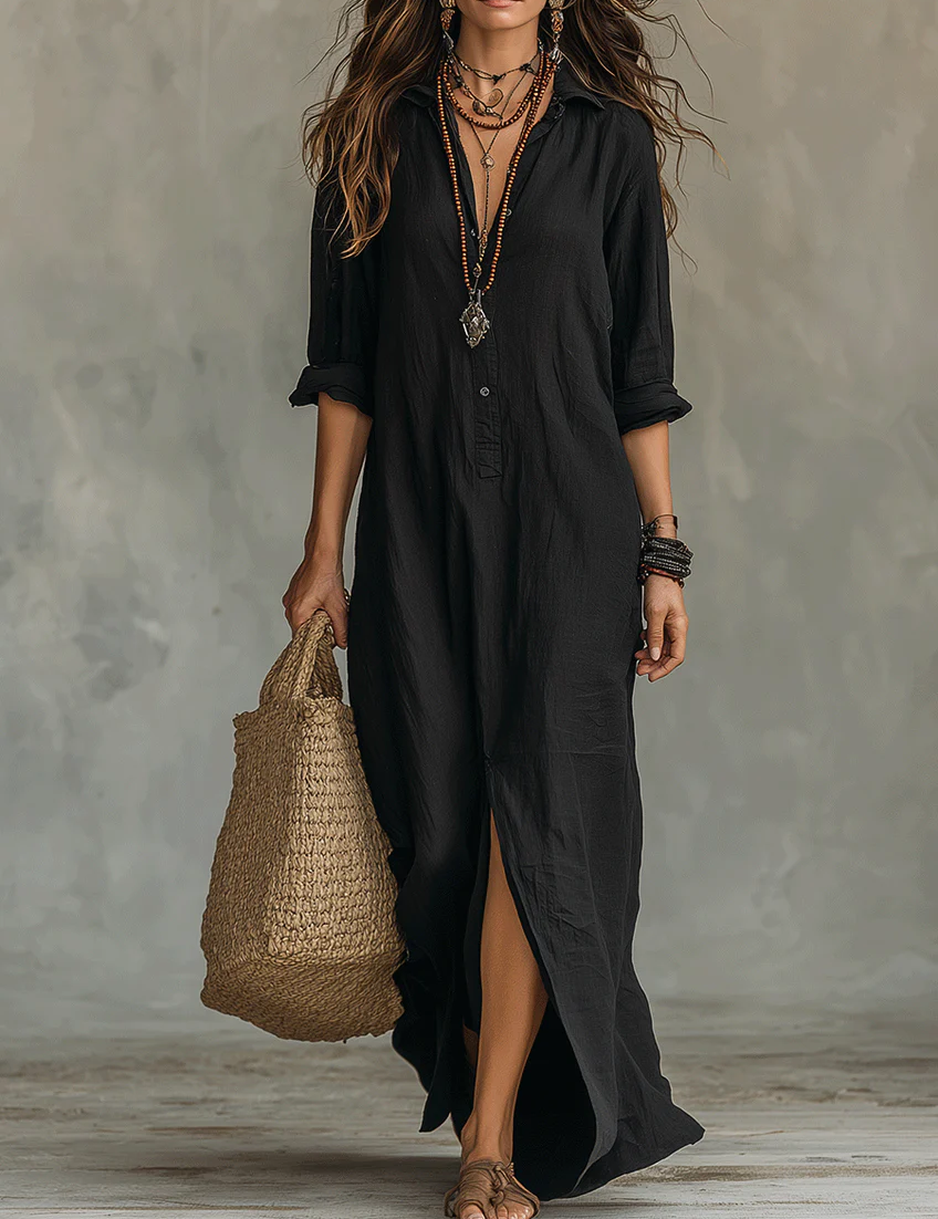 Soline | Vestido maxi com botões e decote em V relaxado