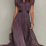 Flavia | Vestido Longo Elegante Violeta Decote Gota Renda