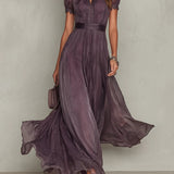 Flavia | Vestido Longo Elegante Violeta Decote Gota Renda