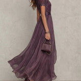 Flavia | Vestido Longo Elegante Violeta Decote Gota Renda
