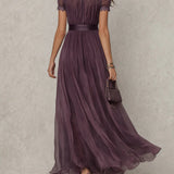 Flavia | Vestido Longo Elegante Violeta Decote Gota Renda