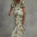Anastasia | Vestido Longo em Cetim com Estampa Floral