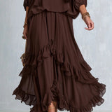 Ondine | Top de Chiffon Castanho com Franjas e Saia Volante