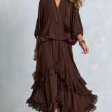 Ondine | Top de Chiffon Castanho com Franjas e Saia Volante
