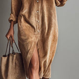 Béatrice | Vestido Midi em Veludo Cotelê com Bolsos e Botão Simples