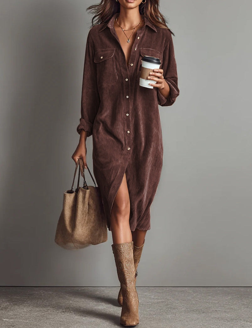 Béatrice | Vestido Midi em Veludo Cotelê com Bolsos e Botão Simples