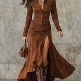 Lisette | Vestido Longo Retro Castanho com Volantes