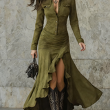 Lisette | Vestido Longo Retro Castanho com Volantes