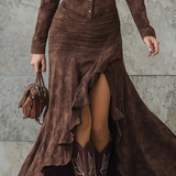 Lisette | Vestido Longo Retro Castanho com Volantes