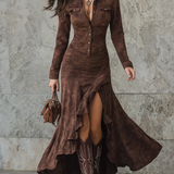 Lisette | Vestido Longo Retro Castanho com Volantes