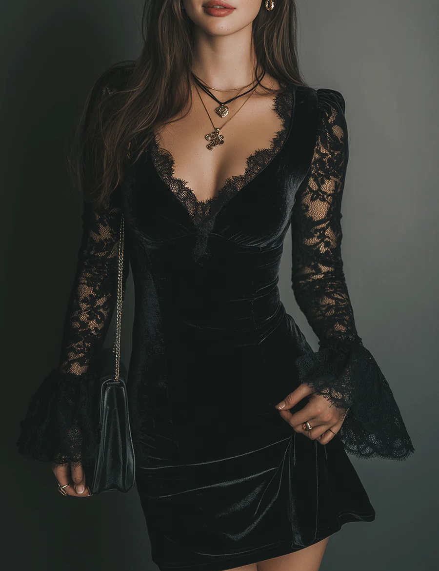Mélanie | Vestido Mini em Veludo & Renda Luna