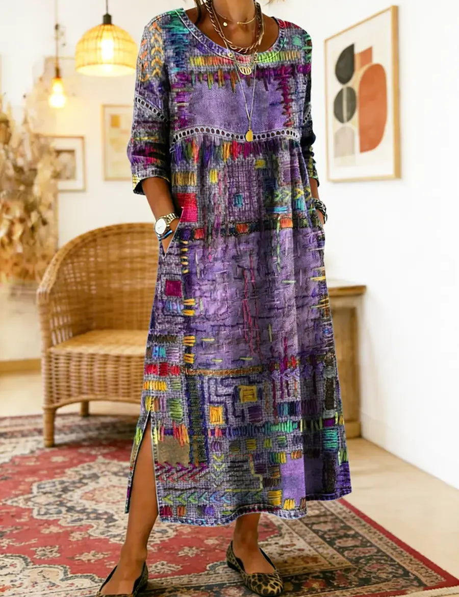 Vestido de algodão feminino com estampado étnico e patchwork