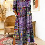 Vestido de algodão feminino com estampado étnico e patchwork