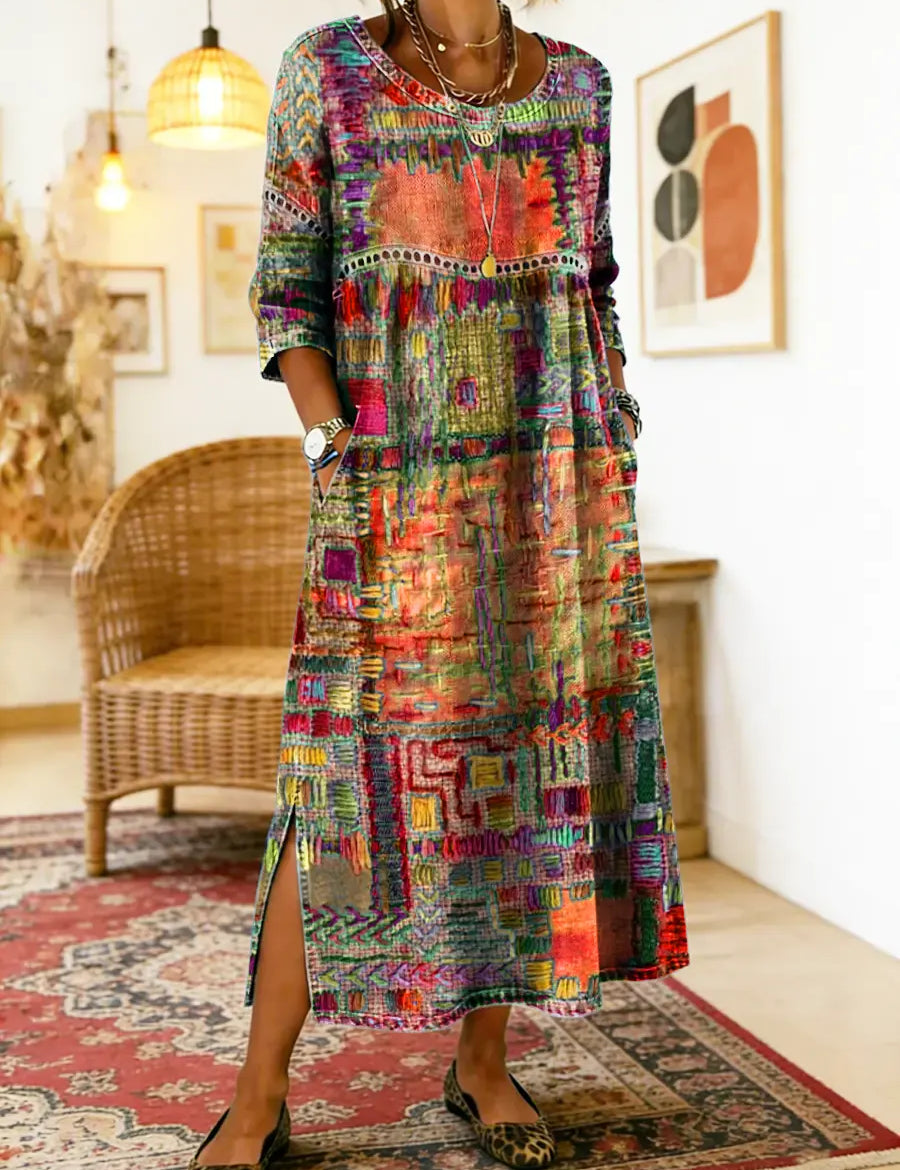 Vestido de algodão feminino com estampado étnico e patchwork