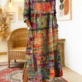 Vestido de algodão feminino com estampado étnico e patchwork
