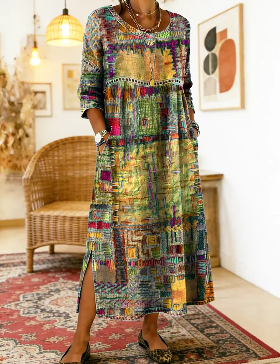 Vestido de algodão feminino com estampado étnico e patchwork