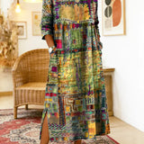 Vestido de algodão feminino com estampado étnico e patchwork