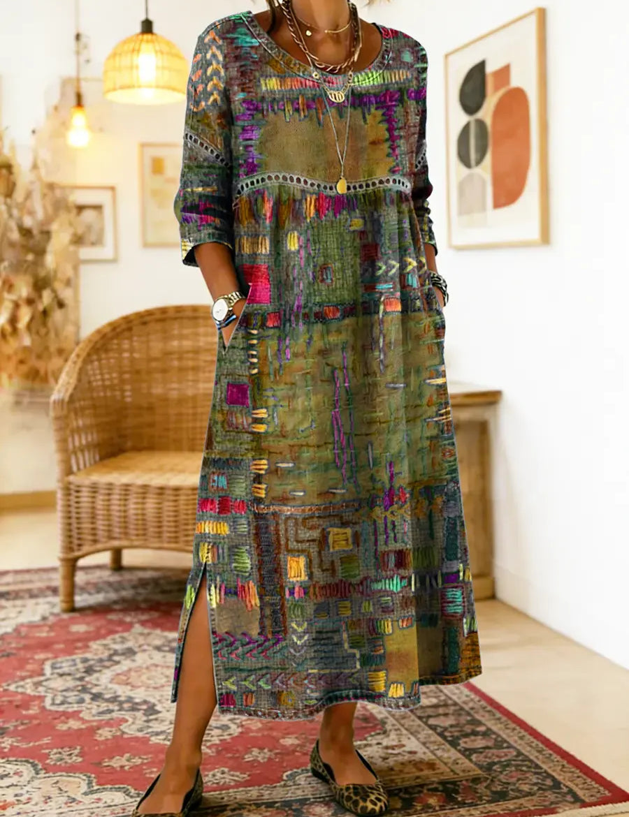 Vestido de algodão feminino com estampado étnico e patchwork