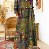 Vestido de algodão feminino com estampado étnico e patchwork