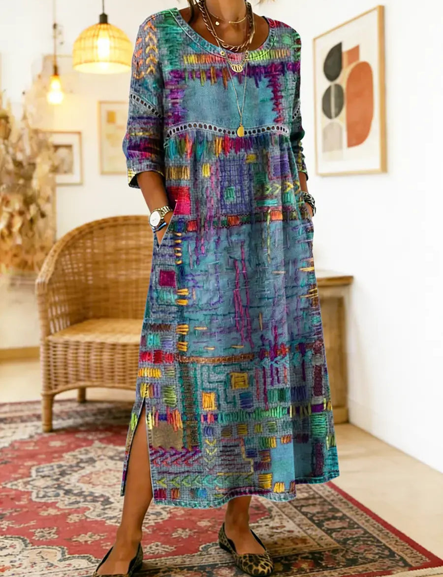 Vestido de algodão feminino com estampado étnico e patchwork