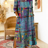 Vestido de algodão feminino com estampado étnico e patchwork