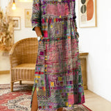 Vestido de algodão feminino com estampado étnico e patchwork