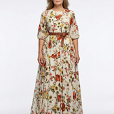 Isabelle | Vestido maxi com cinto, decote redondo e mangas três-quartos