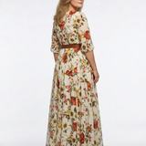 Isabelle | Vestido maxi com cinto, decote redondo e mangas três-quartos