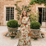 Isabelle | Vestido maxi com cinto, decote redondo e mangas três-quartos