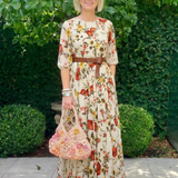 Isabelle | Vestido maxi com cinto, decote redondo e mangas três-quartos