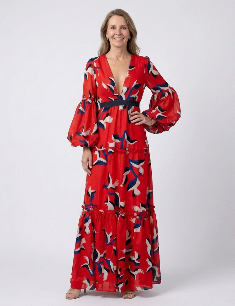 Léa | Vestido maxi de mangas longas e cintura atada