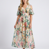 Audrey | Vestido midi de mangas curtas e cintura franzida