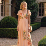 Hélène | Vestido maxi com flores plissado com decote em V