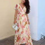 Margaux | Vestido maxi floral de mangas curtas em V