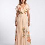 Hélène | Vestido maxi com flores plissado com decote em V