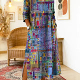 Vestido de algodão feminino com estampado étnico e patchwork