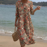 Sara - Vestido Maxi de Gola Redonda com Estampa