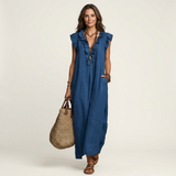 Josette | Vestido Maxi de Linho com Renda em V